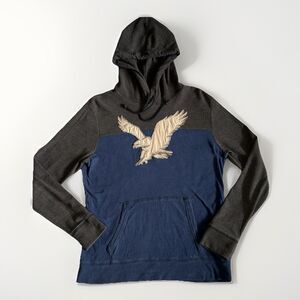 American Eagle Mens S Big Eagle Logo Thermal Long Sleeve Hoodie Henley Blue Gray